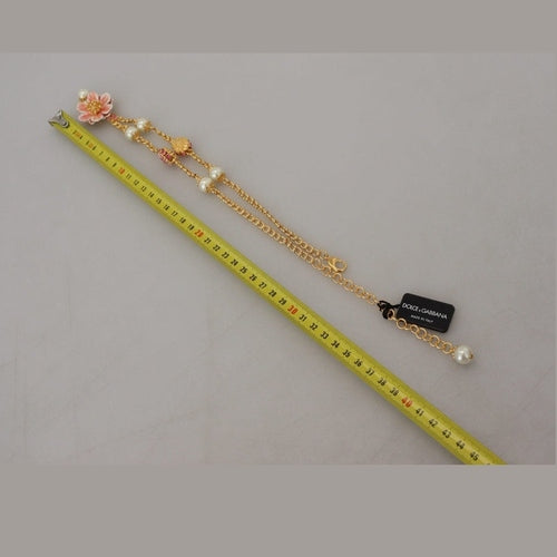 Dolce & Gabbana Gold Tone Floral Crystals Pink Embellished Necklace