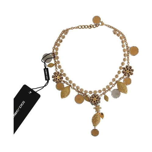 Dolce & Gabbana Gold Brass Crystal Logo Pineapple Statement Necklace