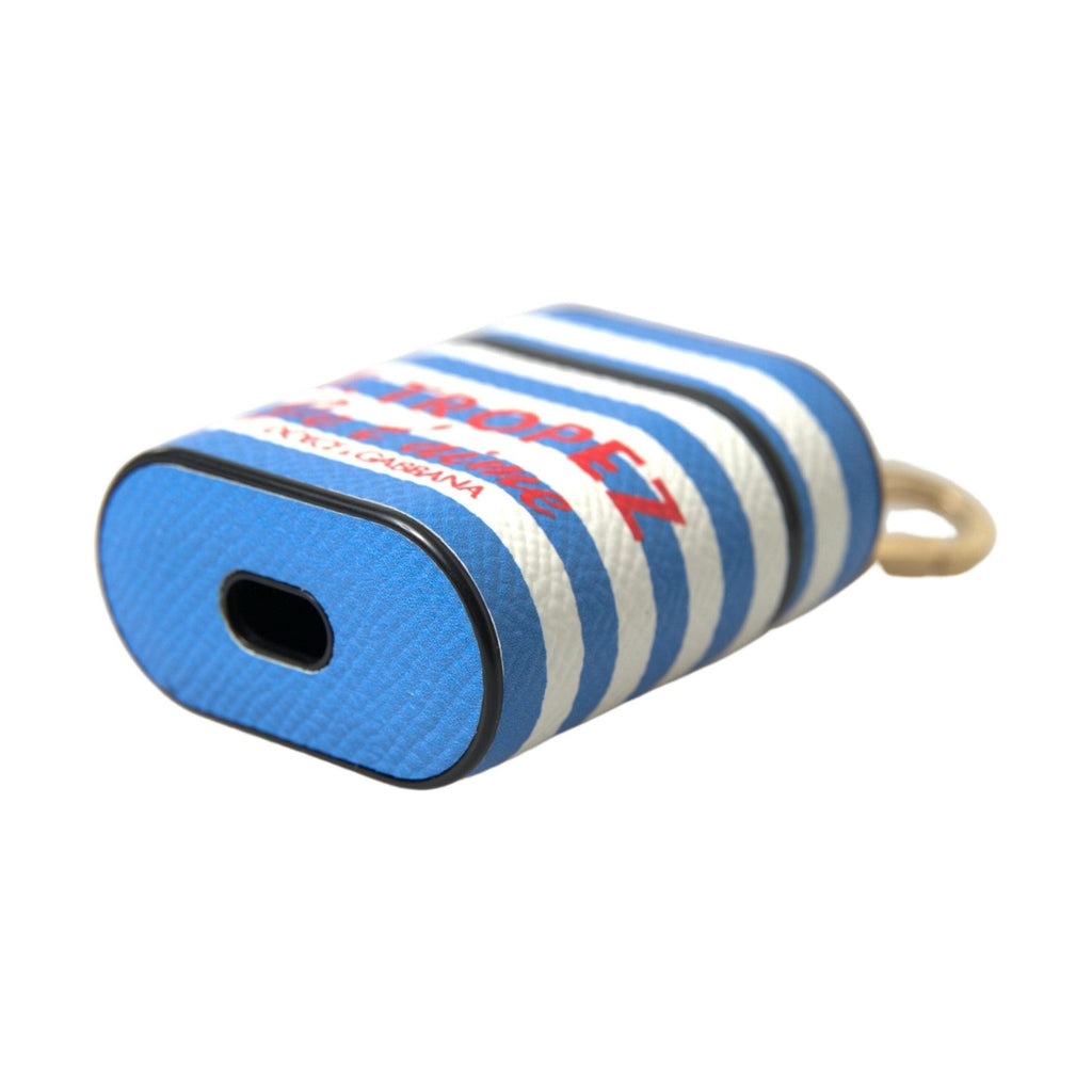 Dolce & Gabbana Blue Stripe Dauphine Leather Logo Print Airpod Case