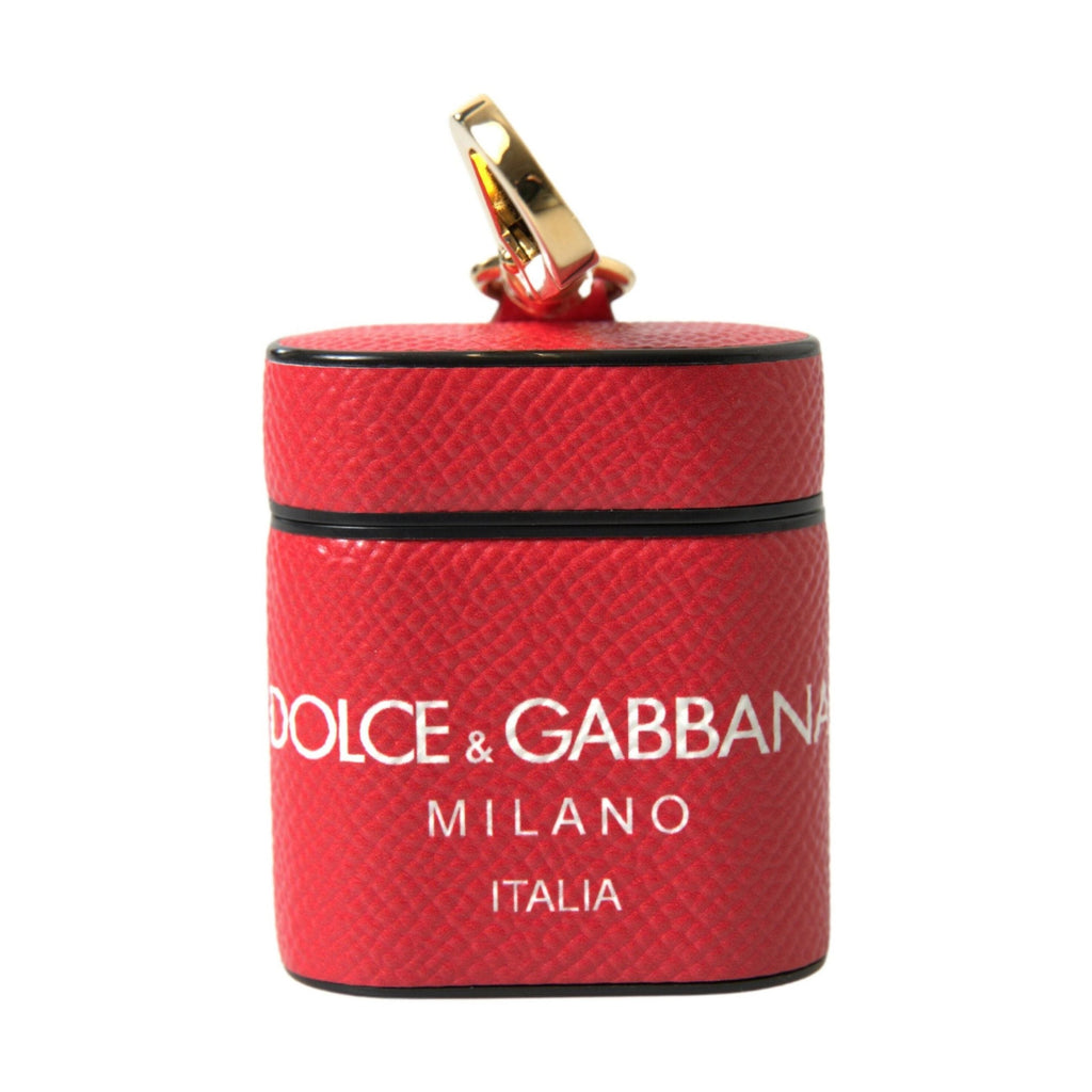 Dolce & Gabbana Red Leather Gold Tone Metal Logo Print Airpods Case