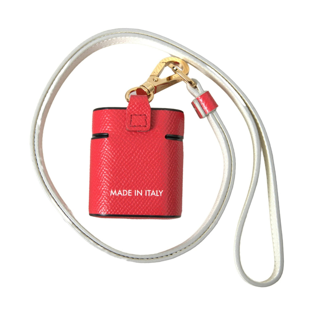 Dolce & Gabbana Red Leather Gold Tone Metal Logo Print Strap Airpods Case