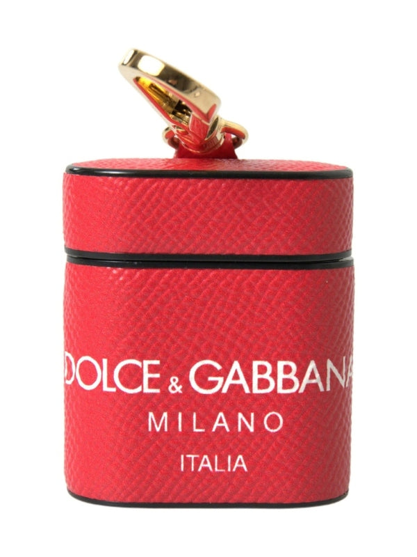 Dolce & Gabbana Red Leather Gold Tone Metal Logo Print Strap Airpods Case