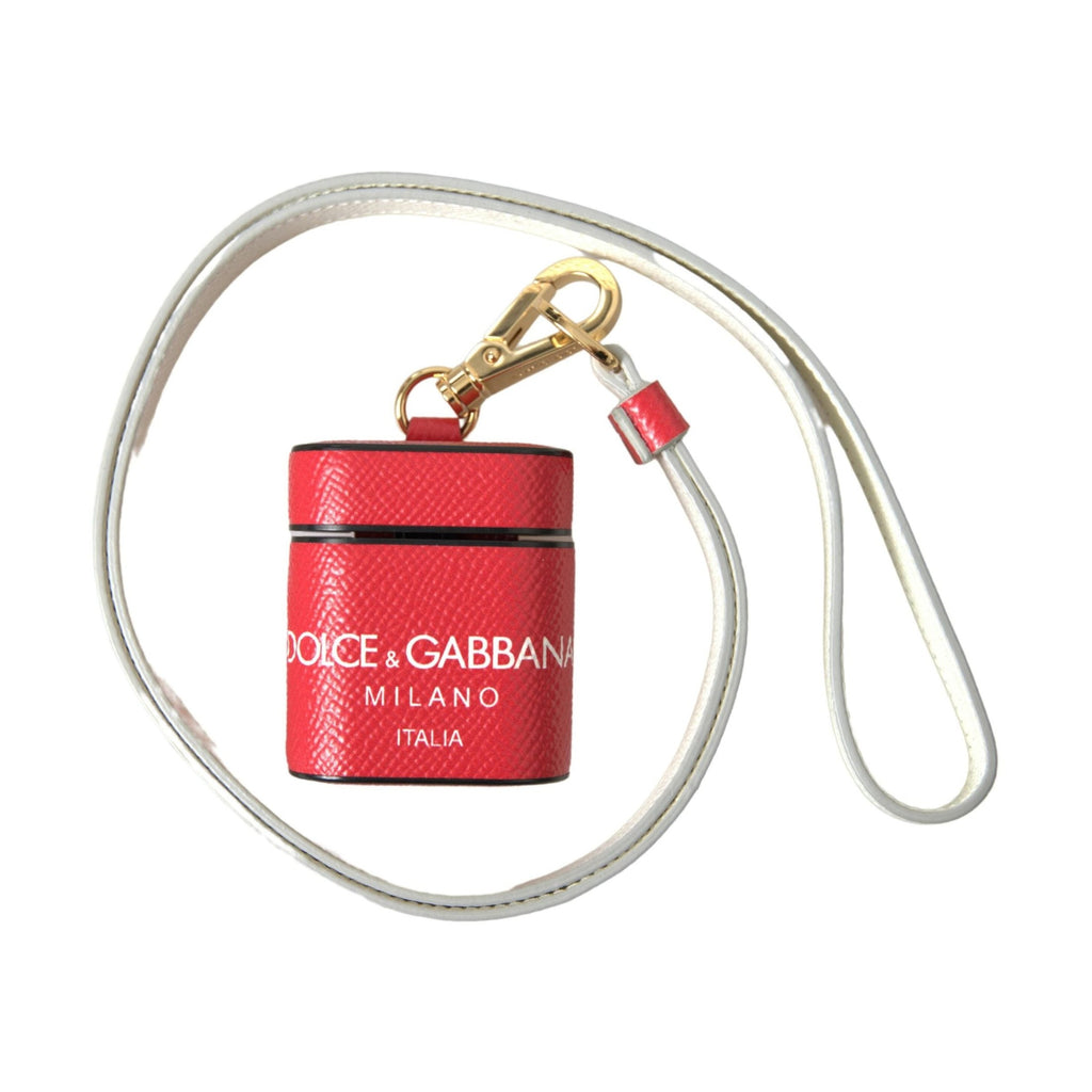 Dolce & Gabbana Red Leather Gold Tone Metal Logo Print Strap Airpods Case