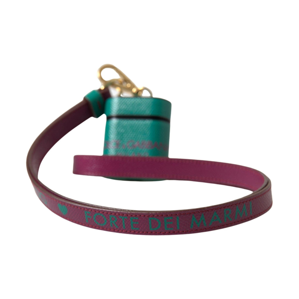 Dolce & Gabbana Green Maroon Calf Leather Logo Print Strap Airpods Case