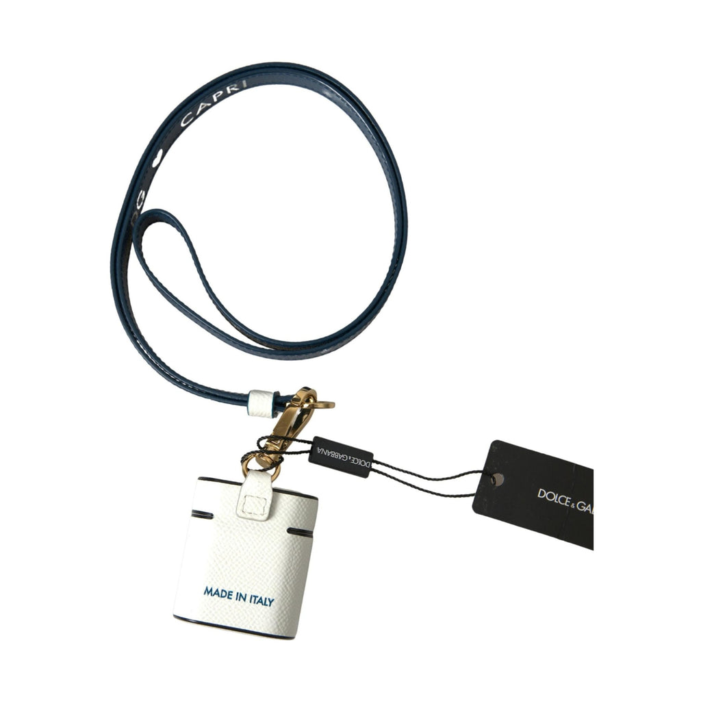 Dolce & Gabbana White Blue Calf Leather Logo Print Strap Airpods Case