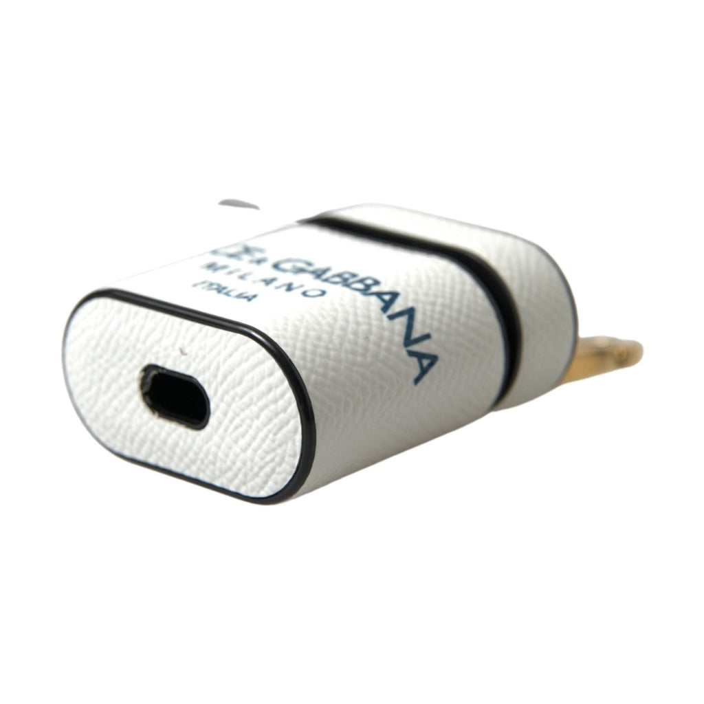 Dolce & Gabbana White Blue Calf Leather Logo Print Strap Airpods Case