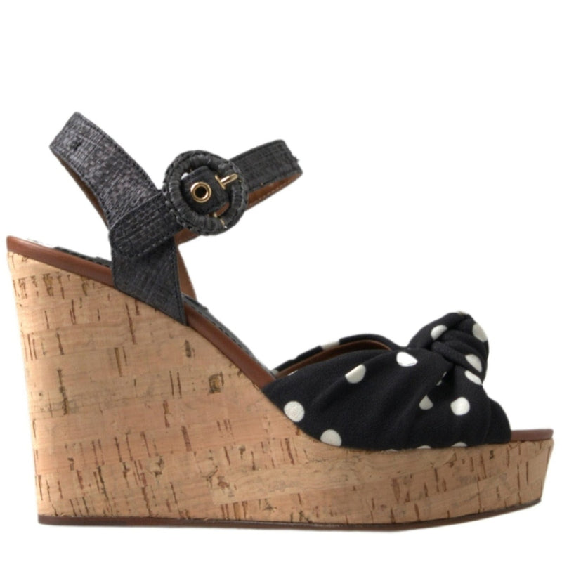 Dolce & Gabbana Black  Wedges Polka Dotted Ankle Strap Shoes Sandals