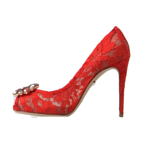 Dolce & Gabbana Red Taormina Lace Crystal Heels Pumps Shoes