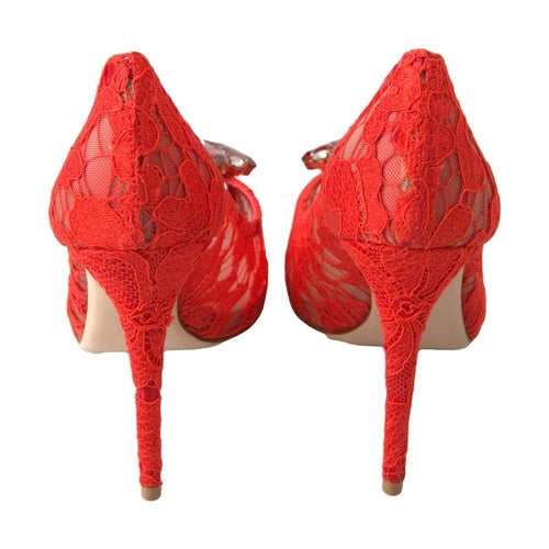 Dolce & Gabbana Red Taormina Lace Crystal Heels Pumps Shoes