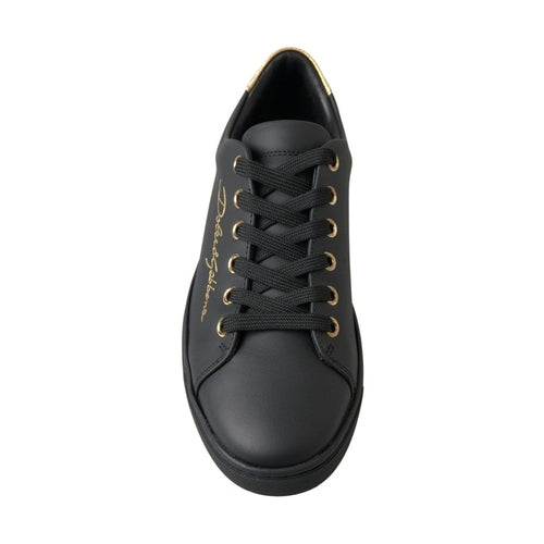 Dolce & Gabbana Black Gold Leather Classic Sneakers Shoes