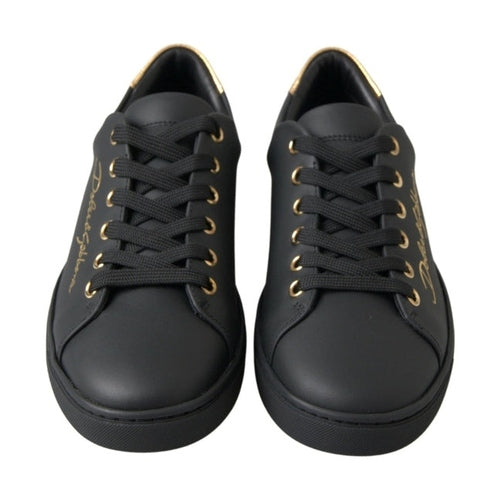 Dolce & Gabbana Black Gold Leather Classic Sneakers Shoes
