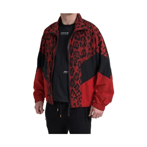 Dolce & Gabbana Red Leopard Nylon Full Zip Sweater
