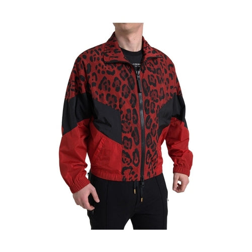 Dolce & Gabbana Red Leopard Nylon Full Zip Sweater