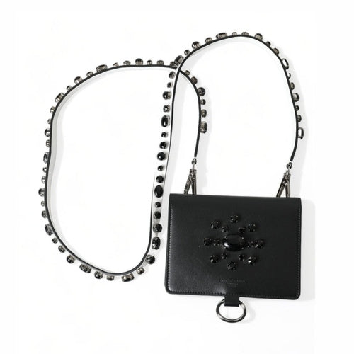 Dolce & Gabbana Black Leather Crystal Embellished Card Holder Wallet