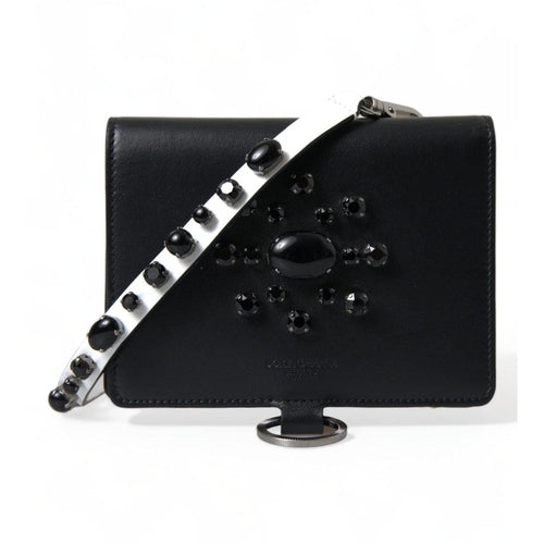 Dolce & Gabbana Black Leather Crystal Embellished Card Holder Wallet