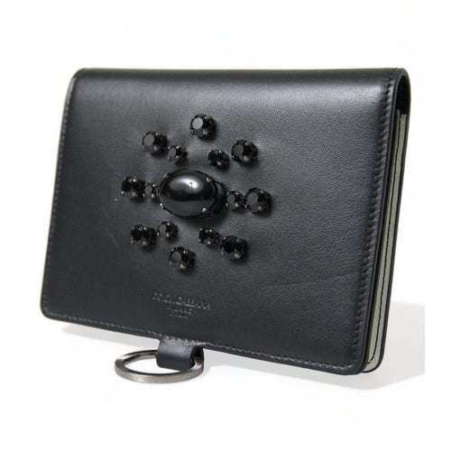 Dolce & Gabbana Black Leather Crystal Embellished Card Holder Wallet