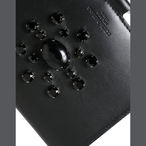Dolce & Gabbana Black Leather Crystal Embellished Card Holder Wallet