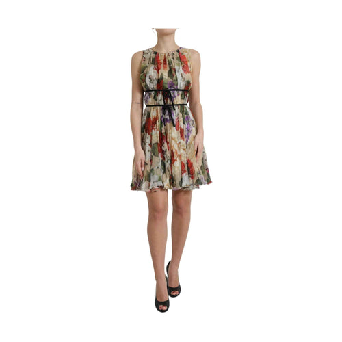 Beige Floral Sleeveless A-line Mini Dress