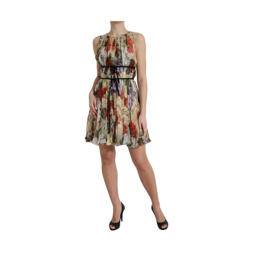 Beige Floral Sleeveless A-line Mini Dress