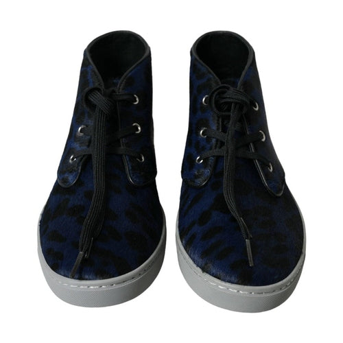 Dolce & Gabbana Blue Calfskin Leopard Mid Top Sneakers Shoes