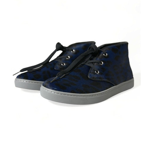Dolce & Gabbana Blue Calfskin Leopard Mid Top Sneakers Shoes