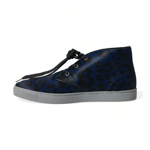 Dolce & Gabbana Blue Calfskin Leopard Mid Top Sneakers Shoes