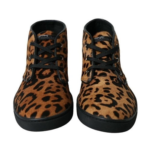 Dolce & Gabbana Brown Leopard Pony Hair Leather Sneakers Shoes