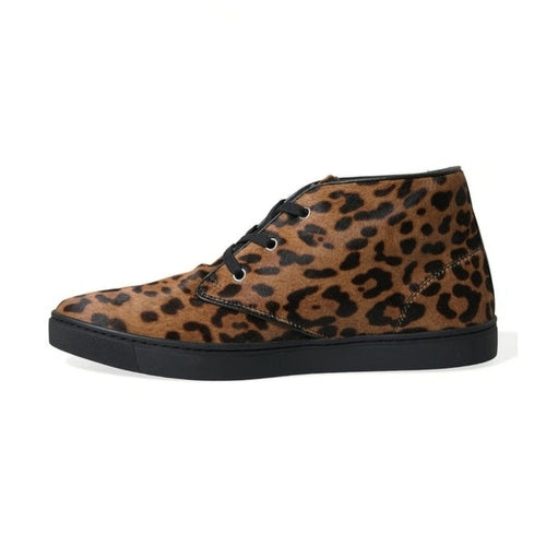 Dolce & Gabbana Brown Leopard Pony Hair Leather Sneakers Shoes