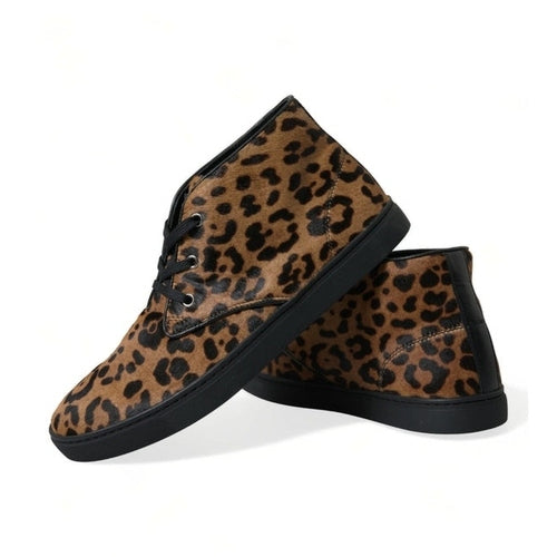 Dolce & Gabbana Brown Leopard Pony Hair Leather Sneakers Shoes