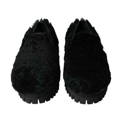 Black Fur Leather Slippers Dress Shoes