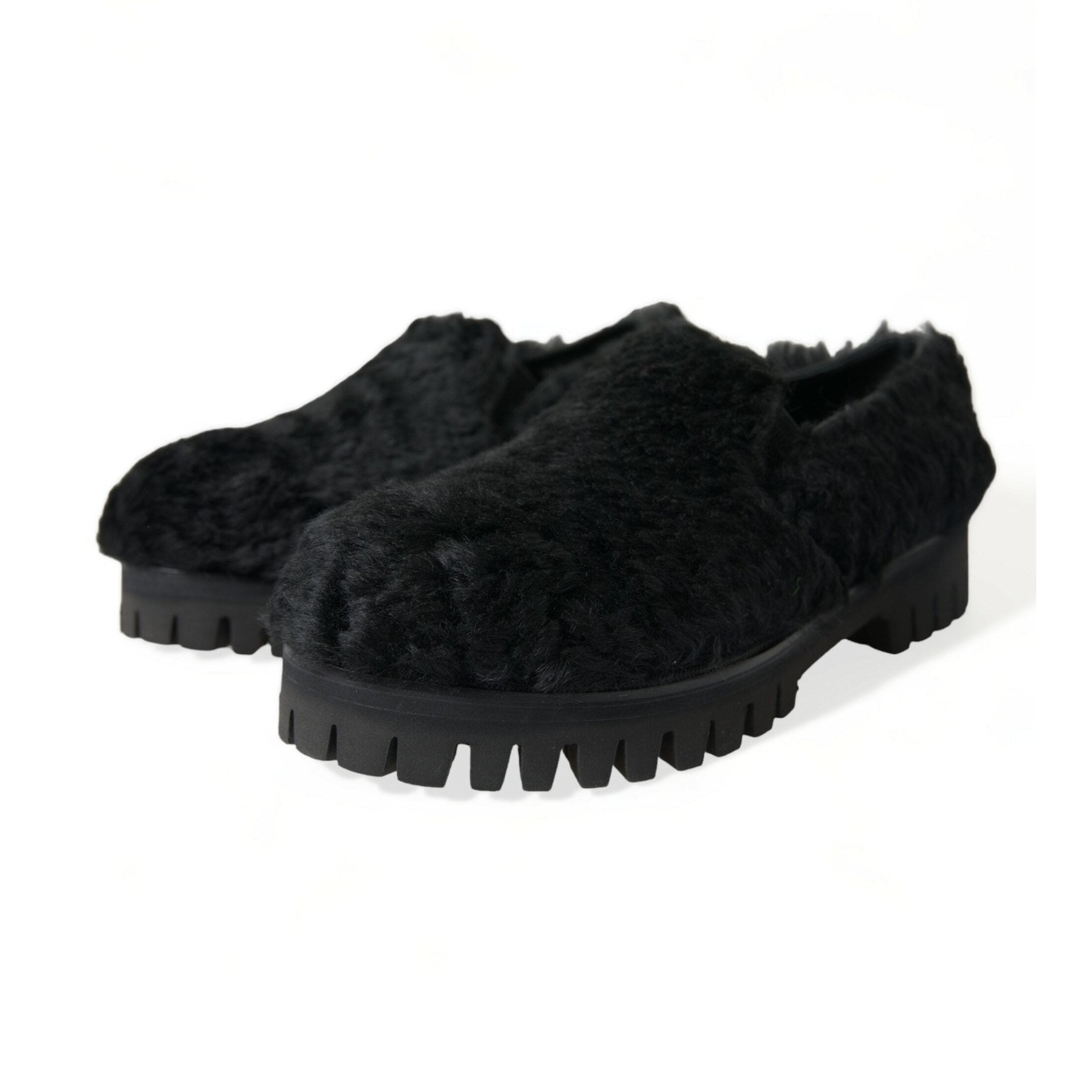 Dolce & Gabbana Black Fur Leather Slippers Dress Shoes