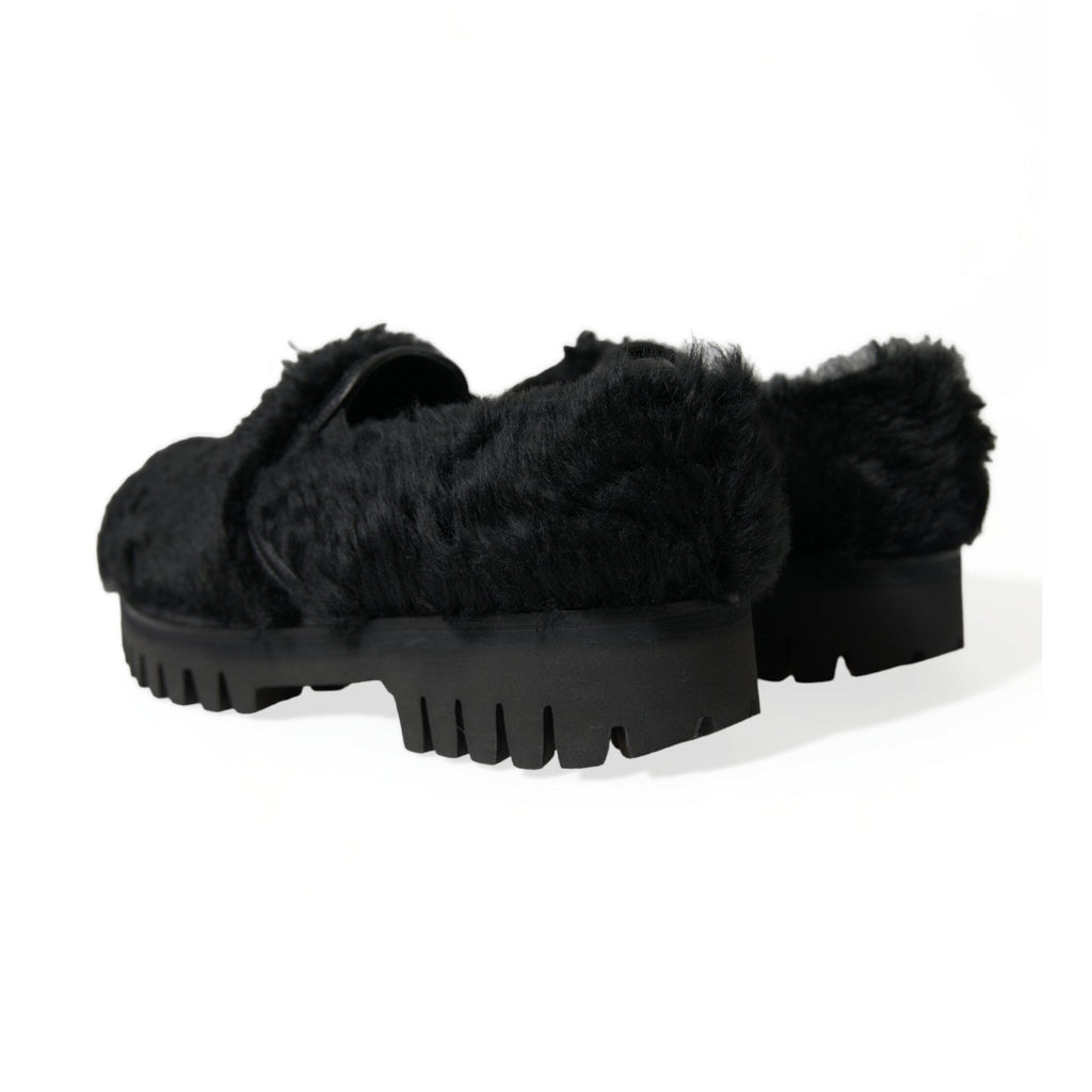 Dolce & Gabbana Black Fur Leather Slippers Dress Shoes