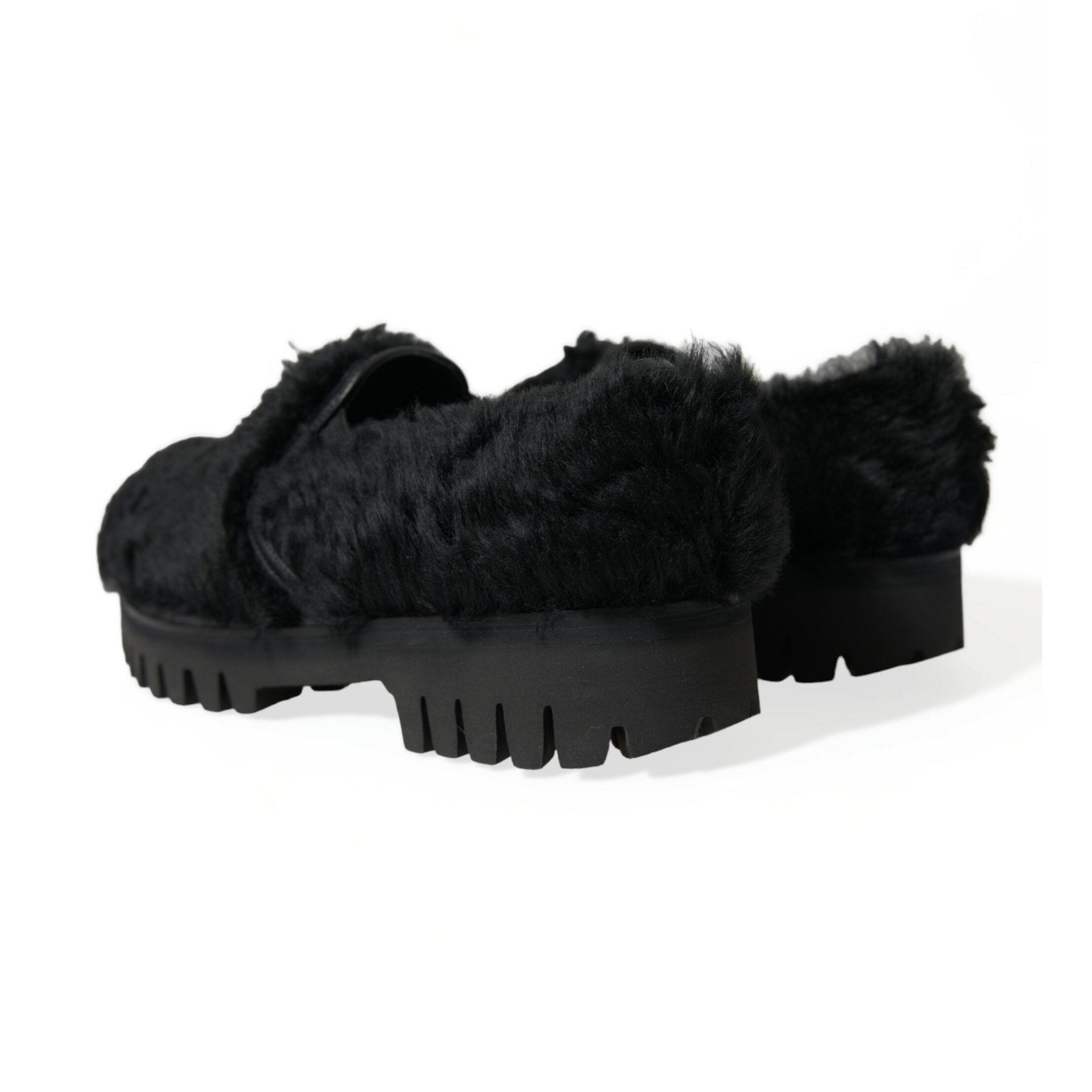 Dolce & Gabbana Black Fur Leather Slippers Dress Shoes