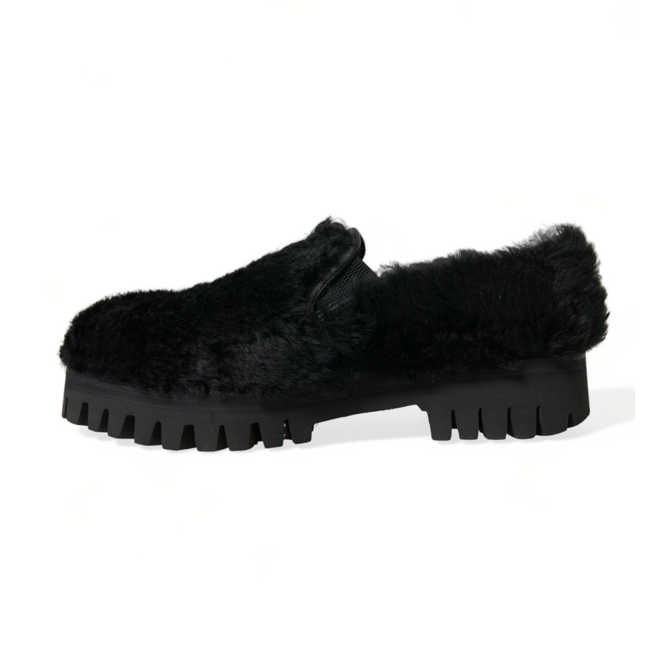 Dolce & Gabbana Black Fur Leather Slippers Dress Shoes