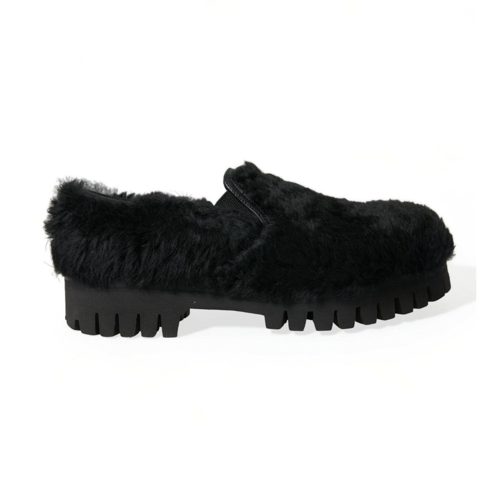 Dolce & Gabbana Black Fur Leather Slippers Dress Shoes
