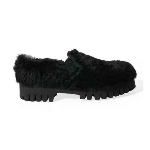 Black Fur Leather Slippers Dress Shoes