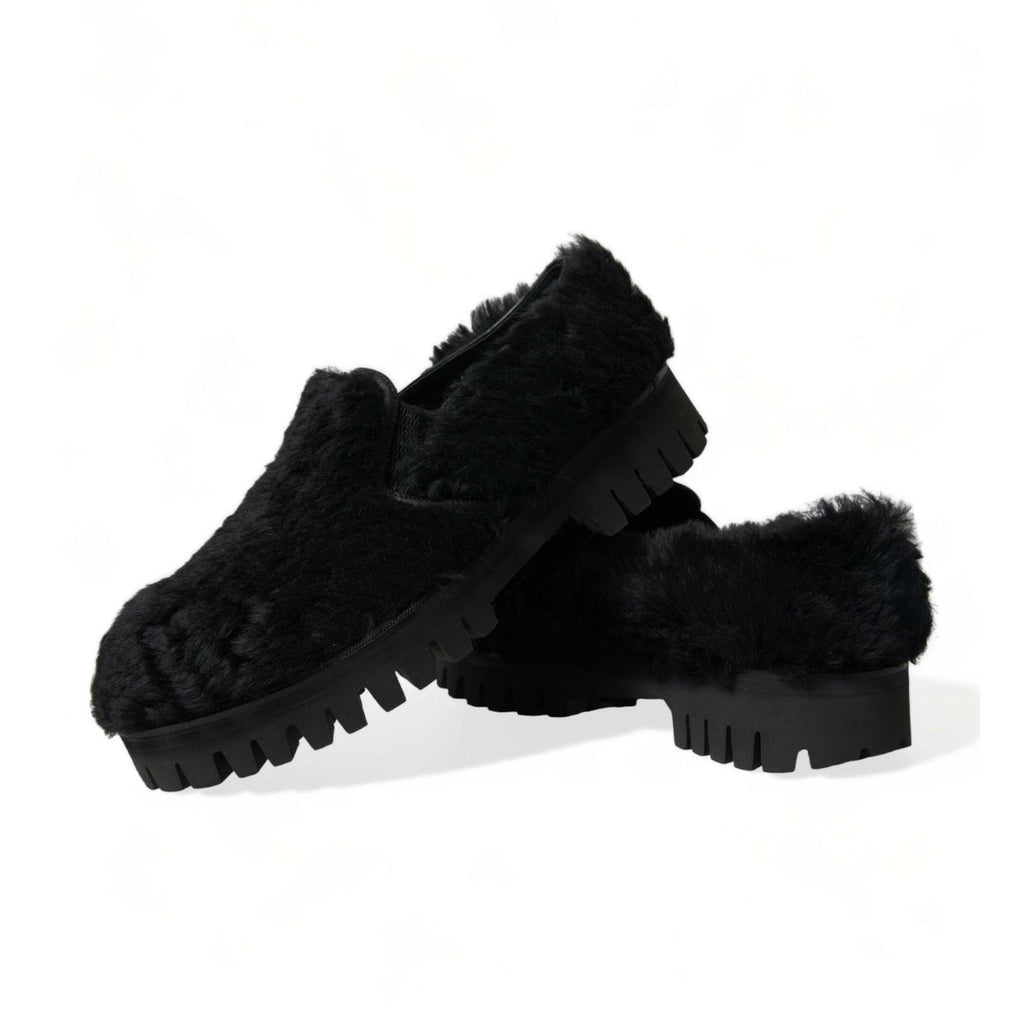 Dolce & Gabbana Black Fur Leather Slippers Dress Shoes