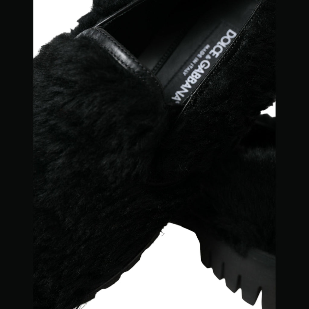 Dolce & Gabbana Black Fur Leather Slippers Dress Shoes