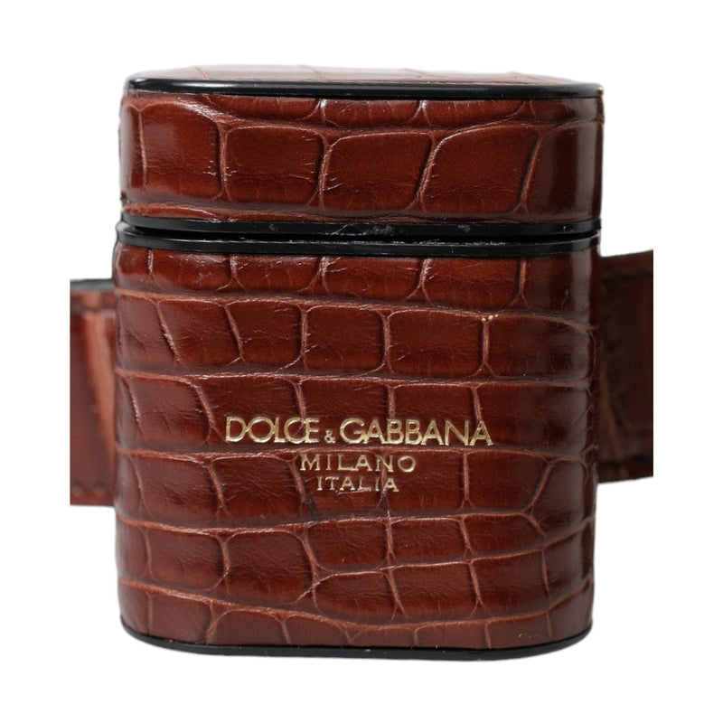 Dolce & Gabbana Brown Alligator Leather Airpods Case Coin Purse Wallet