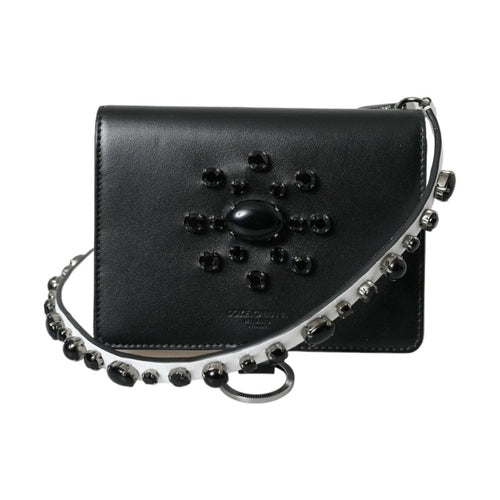 Dolce & Gabbana Black White Leather Crystal Embellished Cardholder Wallet