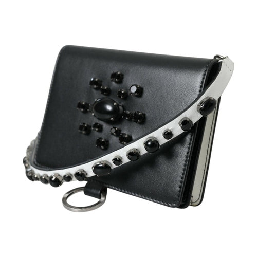Dolce & Gabbana Black White Leather Crystal Embellished Cardholder Wallet