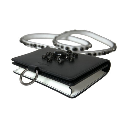 Dolce & Gabbana Black White Leather Crystal Embellished Cardholder Wallet