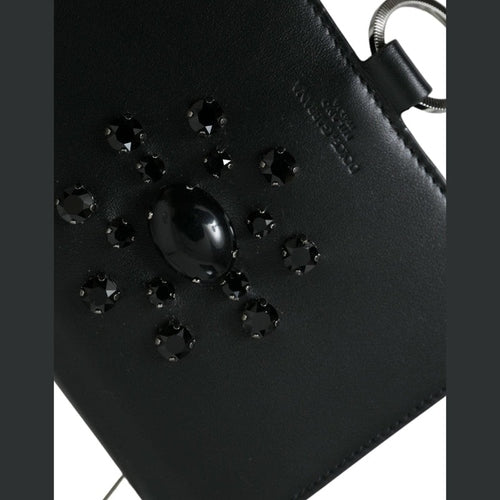 Dolce & Gabbana Black White Leather Crystal Embellished Cardholder Wallet