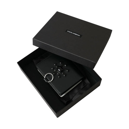 Dolce & Gabbana Black White Leather Crystal Embellished Cardholder Wallet