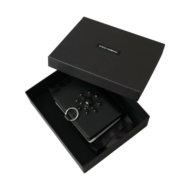 Dolce & Gabbana Black White Leather Crystal Embellished Cardholder Wallet