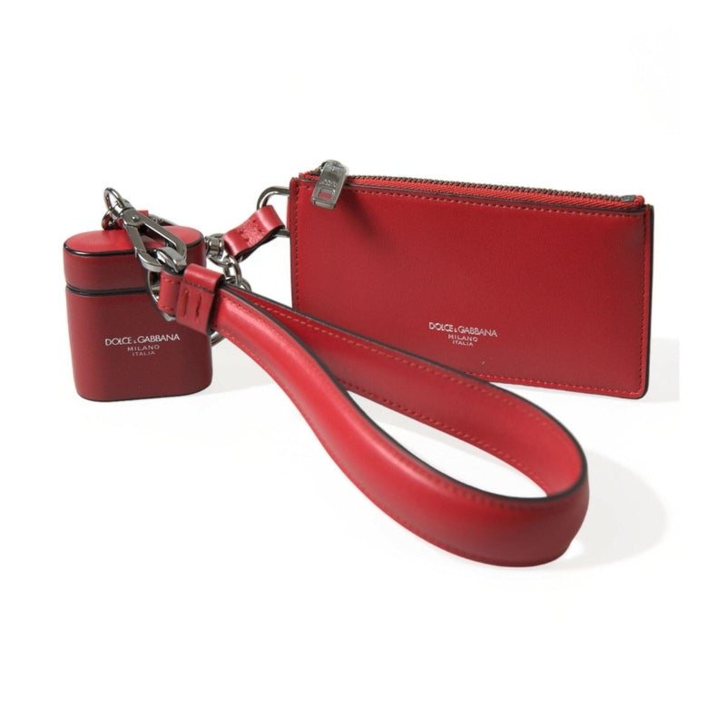 Dolce & Gabbana Red Leather Silver Metal Logo Strap Pouch Airpods Case