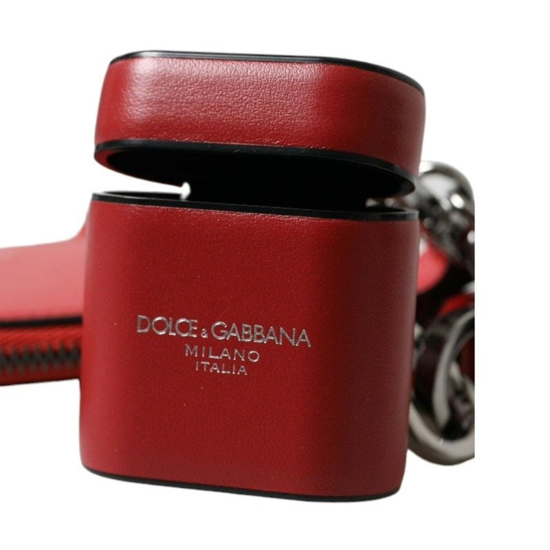 Dolce & Gabbana Red Leather Silver Metal Logo Strap Pouch Airpods Case