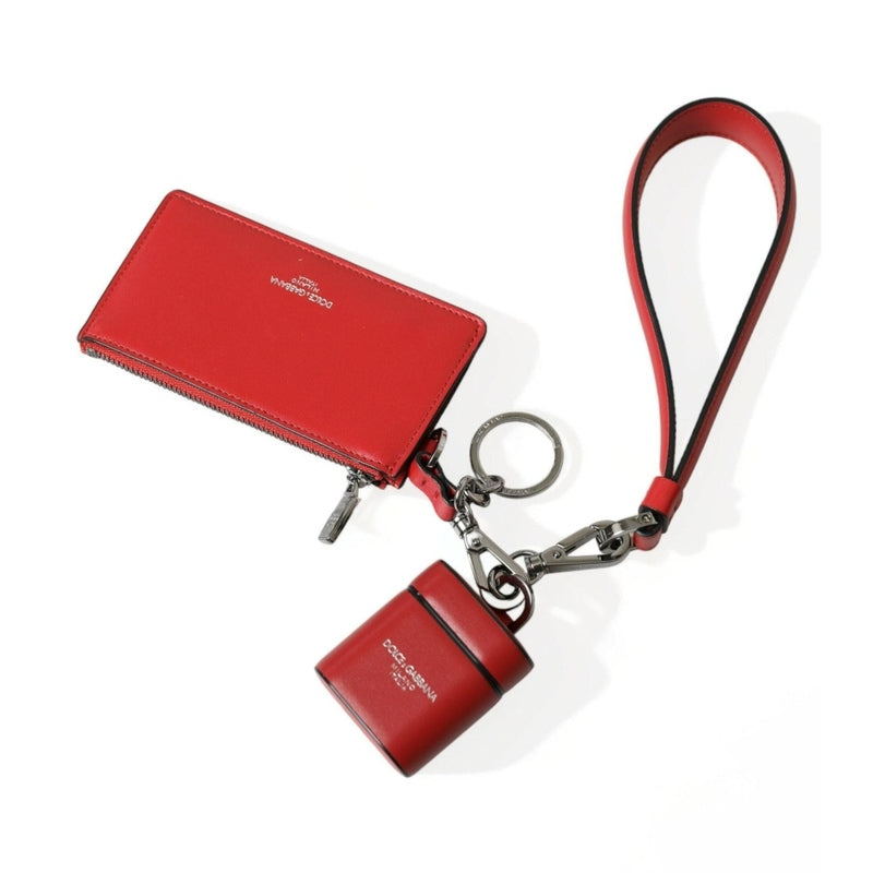 Dolce & Gabbana Red Leather Silver Metal Logo Strap Pouch Airpods Case