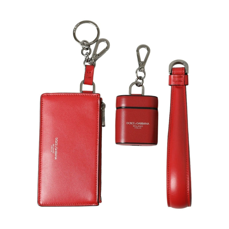 Dolce & Gabbana Red Leather Silver Metal Logo Strap Pouch Airpods Case