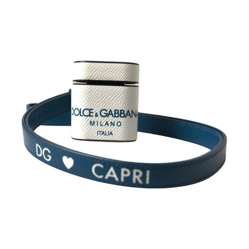 Dolce & Gabbana White Blue Calf Leather Logo Print Strap Airpods Case